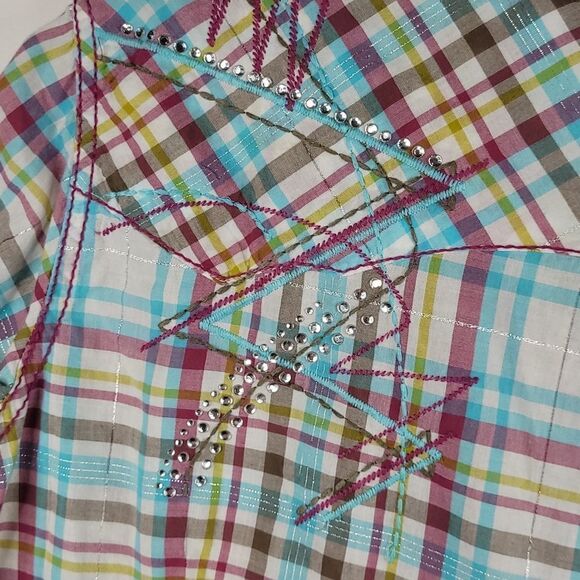 L ARIAT embroidered metallic snap plaid WESTERN RODEO PINK SILVER shirt LARGE - Picture 8 of 15